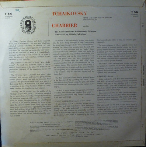 Pyotr Ilyich Tchaikovsky, Emmanuel Chabrier, Nordwestdeutsche Philharmonie , Conducted By Wilhelm Schüchter : Tchaikovsky: Romeo And Juliet, Capriccio Italien / Chabrier: España (LP, Album, Mono, Club, RE)