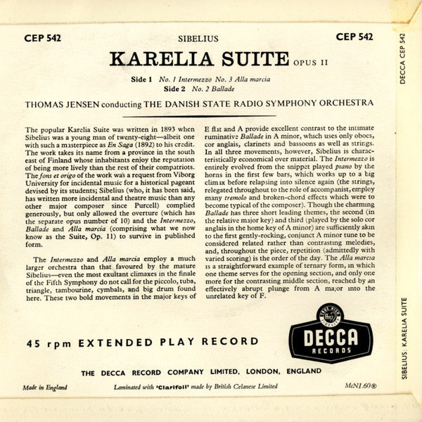 Jean Sibelius, Thomas Jensen, Statsradiofoniens Symfoniorkester : Karelia Suite (7", EP, RP)
