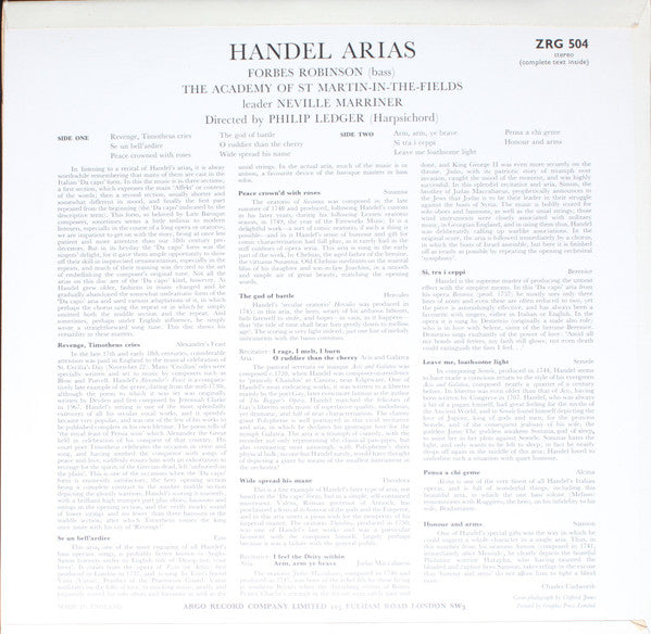 Georg Friedrich Händel, Forbes Robinson, The Academy Of St. Martin-in-the-Fields, Sir Neville Marriner, Philip Ledger : Handel Arias (LP)