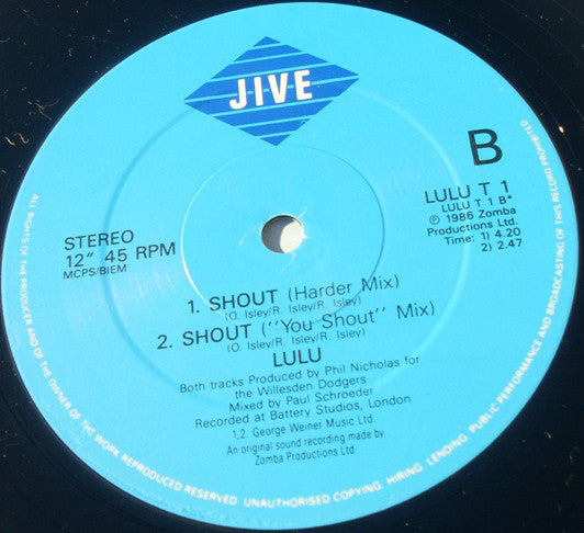 Lulu : Shout (1986 Re-Recording) (12")