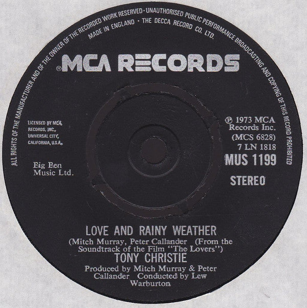 Tony Christie : Love And Rainy Weather  (7")