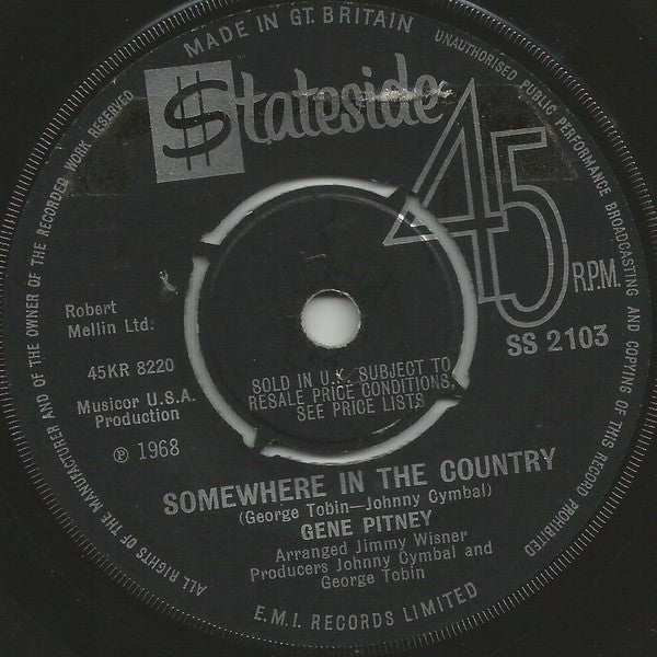 Gene Pitney : Somewhere In The Country (7", Single)