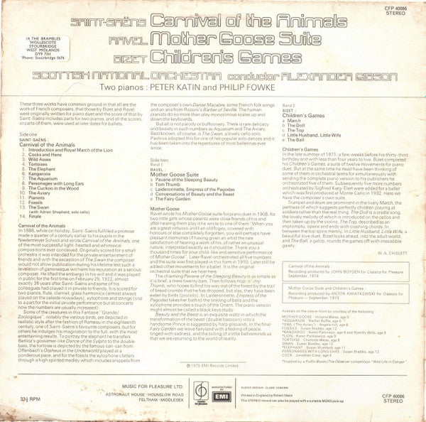 Saint-Saëns*, Ravel*, Bizet* - Scottish National Orchestra*, Alexander Gibson, Peter Katin, Philip Fowke : Carnival Of The Animals / Mother Goose Suite / Children's Games (LP)