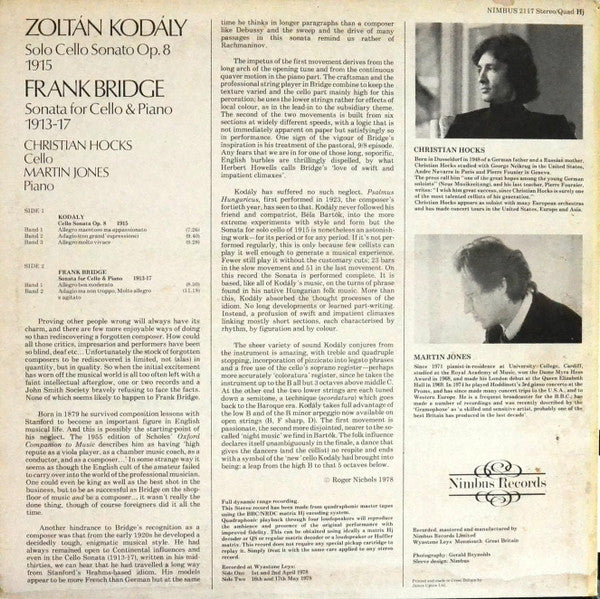 Kodály*  /  Bridge*, Christian Hocks, Martin Jones* : Solo Cello Sonata Op. 8 / Sonata For Cello & Piano (LP, Quad)