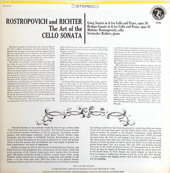 Mstislav Rostropovich And Sviatoslav Richter, Edvard Grieg, Johannes Brahms : The Art Of The Cello Sonata (LP)