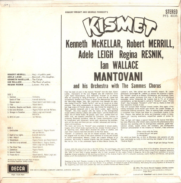 Adele Leigh, Robert Merrill, Kenneth McKellar, Regina Resnik, Ian Wallace (3), Mantovani And His Orchestra With The Mike Sammes Singers : Kismet (LP)