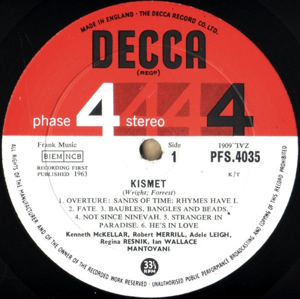 Adele Leigh, Robert Merrill, Kenneth McKellar, Regina Resnik, Ian Wallace (3), Mantovani And His Orchestra With The Mike Sammes Singers : Kismet (LP)
