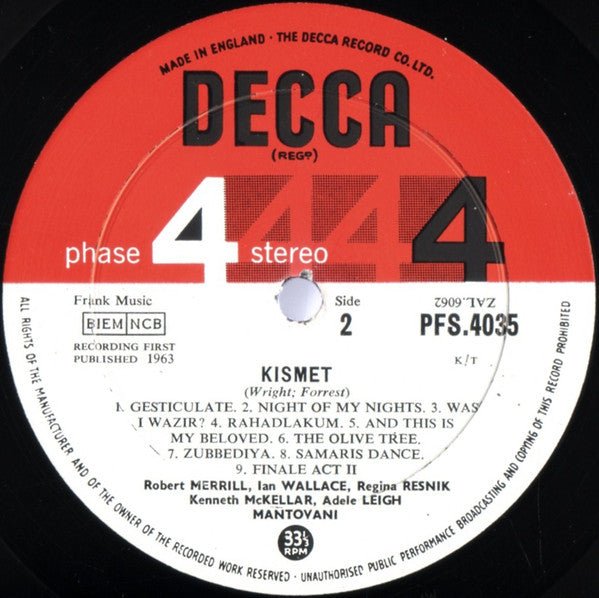 Adele Leigh, Robert Merrill, Kenneth McKellar, Regina Resnik, Ian Wallace (3), Mantovani And His Orchestra With The Mike Sammes Singers : Kismet (LP)
