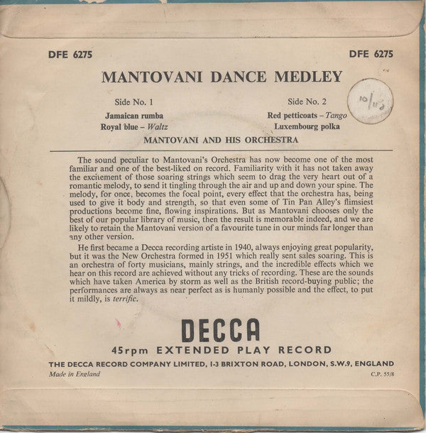 Mantovani And His Orchestra : Mantovani Dance Medley (7", EP)