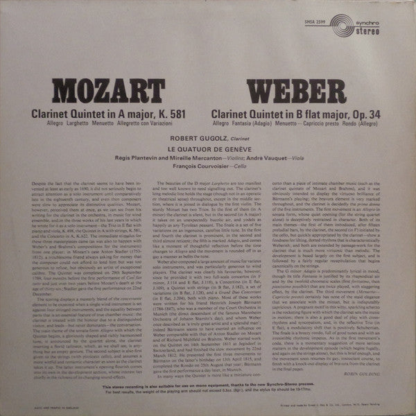 Wolfgang Amadeus Mozart, Carl Maria von Weber - Robert Gugolz, Quatuor De Genève : Clarinet Quintets (LP)