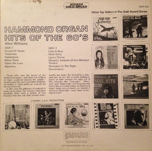 Allen Williams (6) : Hammond Organ Hits Of The 60's - Million Sellers Played By (LP, Album, Wes)