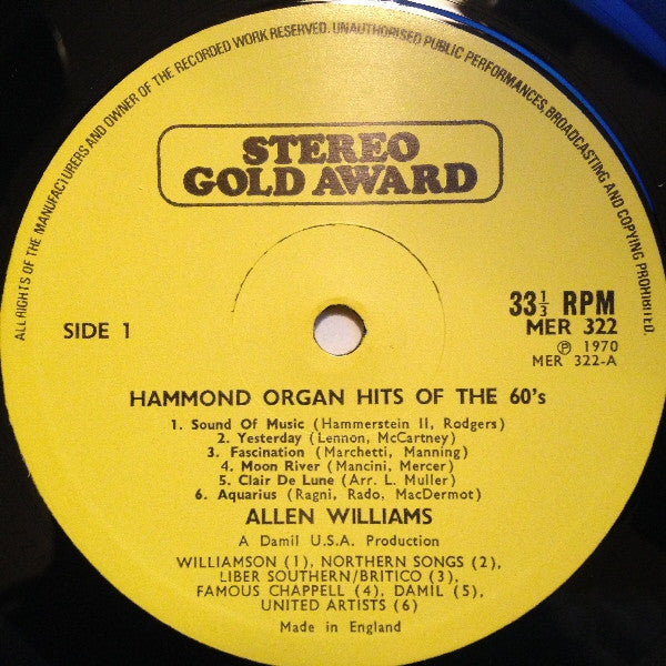 Allen Williams (6) : Hammond Organ Hits Of The 60's - Million Sellers Played By (LP, Album, Wes)