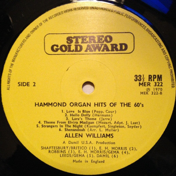 Allen Williams (6) : Hammond Organ Hits Of The 60's - Million Sellers Played By (LP, Album, Wes)