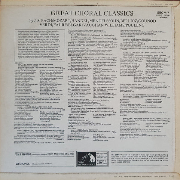 Various : Great Choral Classics (LP, Comp)