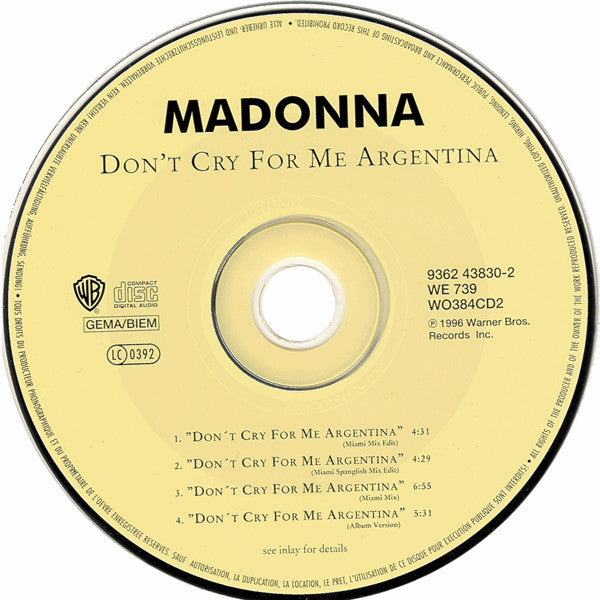 Madonna : Don't Cry For Me Argentina (The Dance Mixes) (CD, Single, CD2)
