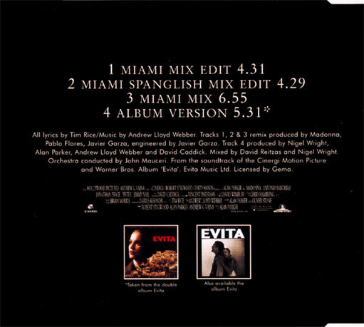 Madonna : Don't Cry For Me Argentina (The Dance Mixes) (CD, Single, CD2)