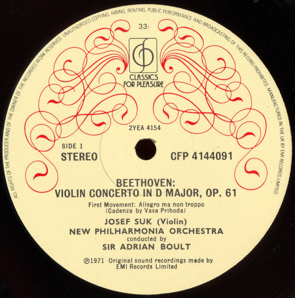 Ludwig van Beethoven / Josef Suk, New Philharmonia Orchestra, Sir Adrian Boult : Violin Concerto, Coriolan Overture (LP)