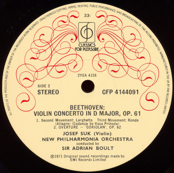 Ludwig van Beethoven / Josef Suk, New Philharmonia Orchestra, Sir Adrian Boult : Violin Concerto, Coriolan Overture (LP)