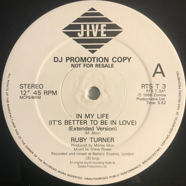 Ruby Turner : In My Life (It's Better To Be In Love) (12", Promo)