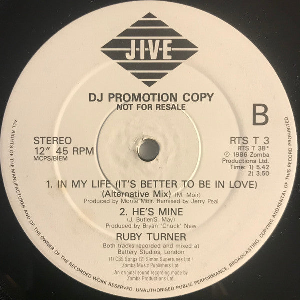 Ruby Turner : In My Life (It's Better To Be In Love) (12", Promo)