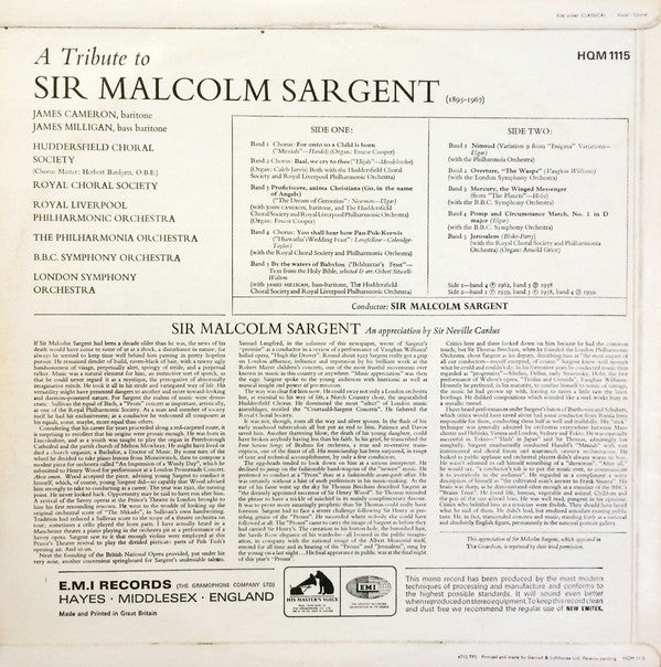 Sir Malcolm Sargent : A Tribute To Sir Malcolm Sargent (1895-1967) (LP, Album, Comp)