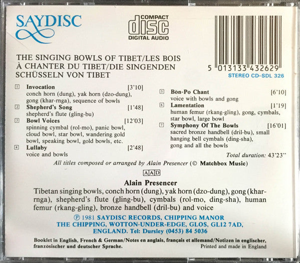 Alain Presencer : The Singing Bowls Of Tibet (CD, Album, RE)