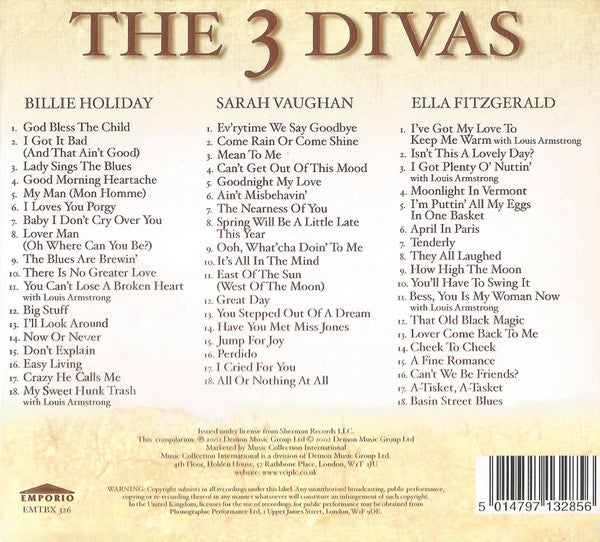 Billie Holiday, Sarah Vaughan, Ella Fitzgerald : The 3 Divas (3xCD, Comp + Box, Comp)