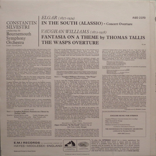 Sir Edward Elgar / Ralph Vaughan Williams - Constantin Silvestri, Bournemouth Symphony Orchestra : In The South (Alassio) / Fantasia On A Theme By Thomas Tallis - The Wasps Overture (LP, RE)