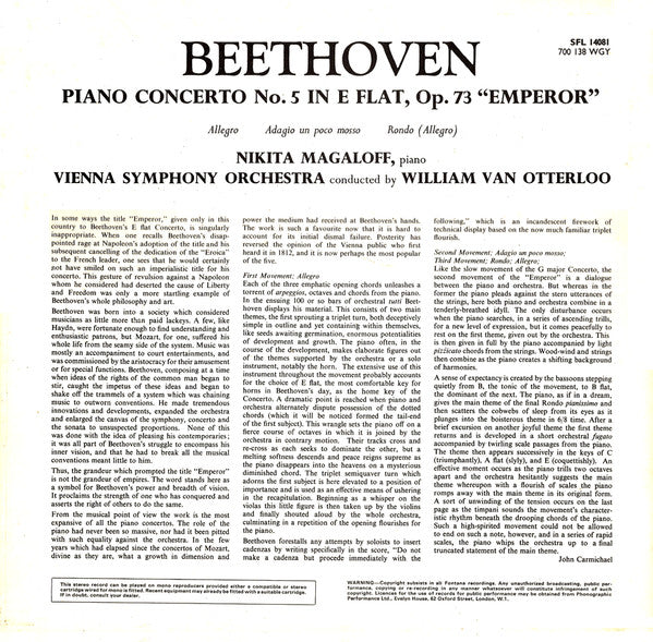 Ludwig van Beethoven, Nikita Magaloff, Wiener Symphoniker, Willem Van Otterloo : Piano Concerto No. 5 In E Flat, Op. 73 "Emperor" (LP, RE)