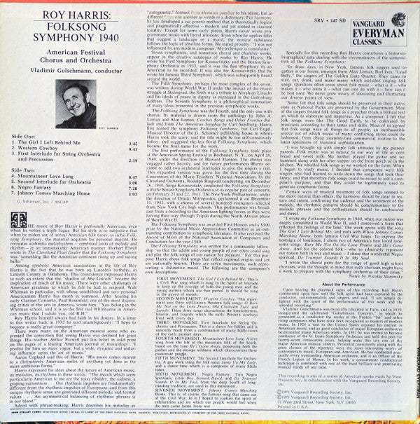 Roy Harris – American Festival Chorale And American Festival Orchestra · Vladimir Golschmann : Folksong Symphony 1940 (LP, RE)