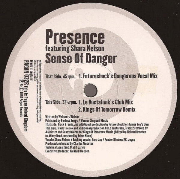 Presence Featuring Shara Nelson : Sense Of Danger (Remixes) (12")