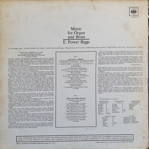 E. Power Biggs, New England Brass Ensemble, Richard Burgin : Music For Organ And Brass: Canzonas Of Gabrieli And Frescobaldi (LP)