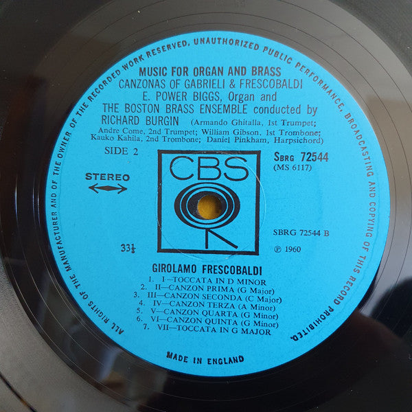 E. Power Biggs, New England Brass Ensemble, Richard Burgin : Music For Organ And Brass: Canzonas Of Gabrieli And Frescobaldi (LP)