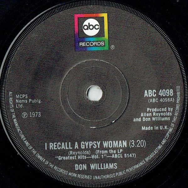 Don Williams (2) : I Recall A Gypsy Woman (7", Single, Sol)