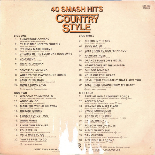 Unknown Artist : 40 Smash Hits Country Style (2xLP, Comp)