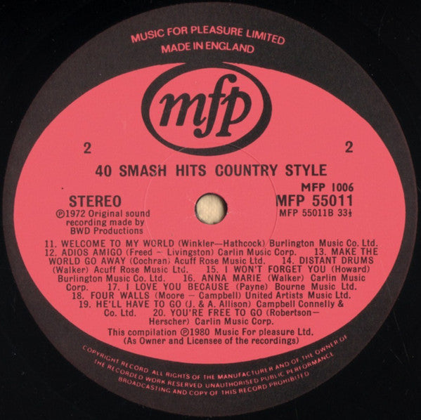 Unknown Artist : 40 Smash Hits Country Style (2xLP, Comp)