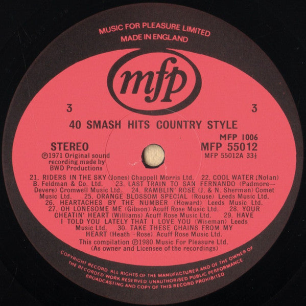 Unknown Artist : 40 Smash Hits Country Style (2xLP, Comp)