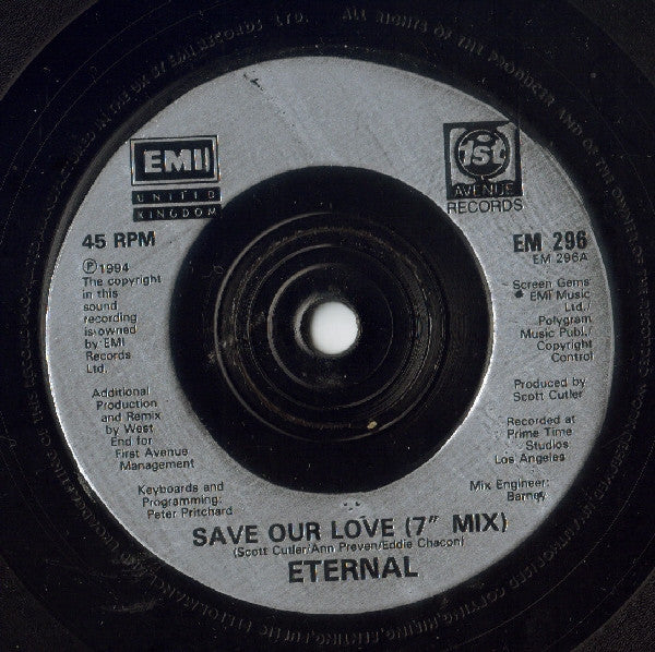 Eternal (2) : Save Our Love (7", Single, Sil)