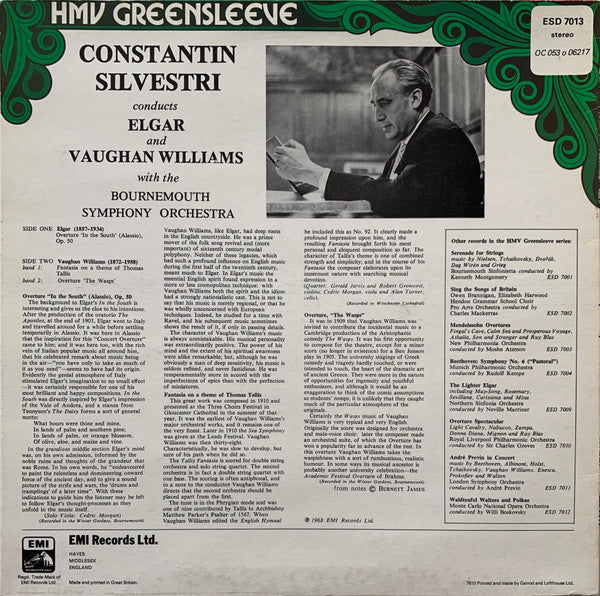 Sir Edward Elgar, Ralph Vaughan Williams, Constantin Silvestri, Bournemouth Symphony Orchestra : In The South; The Wasps Overture; Tallis Fantasia (LP, Album, RE)