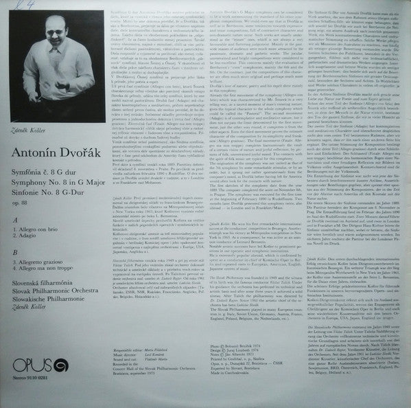 Antonín Dvořák, Slovak Philharmonic Orchestra, Zdeněk Košler : Symphony Nr. 8 In G Major (LP)