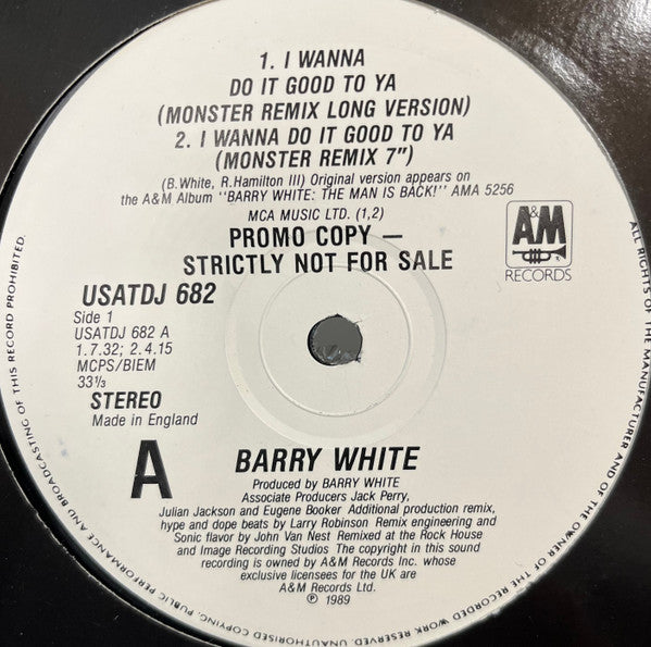 Barry White : I Wanna Do It Good To Ya (12", Promo)