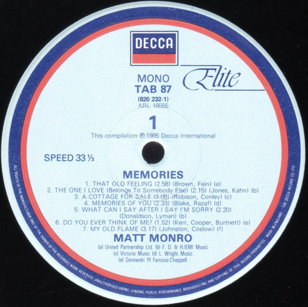 Matt Monro : Memories  (LP, Comp, MP)