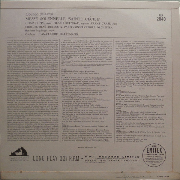 Charles Gounod - Pilar Lorengar, Heinz Hoppe, Franz Crass, Les Chœurs René Duclos, Orchestre De La Société Des Concerts Du Conservatoire, Henriette Puig-Roget, Jean-Claude Hartemann : Sainte Cècile Messe Solennelle (LP, Mono)