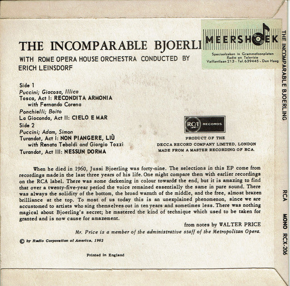 Jussi Björling : The Incomparable Bjoerling (7", EP)