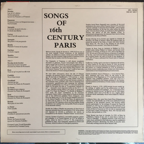 Fernand Lamy, Vocal Ensemble Of Fernand Lamy : Songs Of 16th Century Paris (LP, RE, RM)