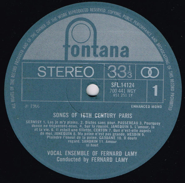 Fernand Lamy, Vocal Ensemble Of Fernand Lamy : Songs Of 16th Century Paris (LP, RE, RM)