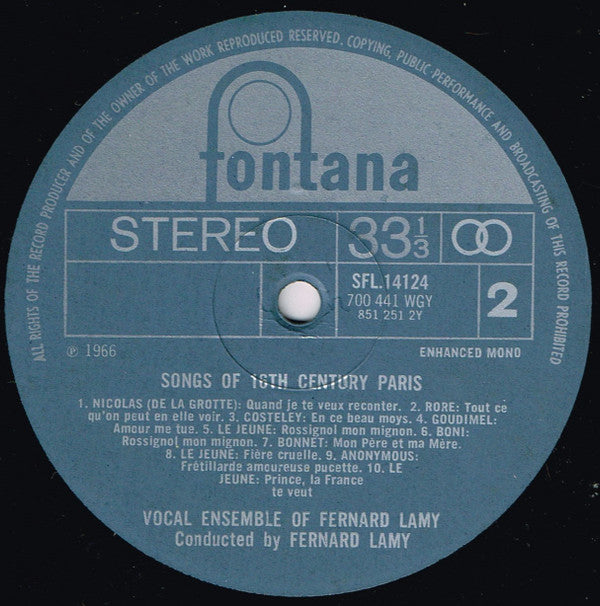 Fernand Lamy, Vocal Ensemble Of Fernand Lamy : Songs Of 16th Century Paris (LP, RE, RM)