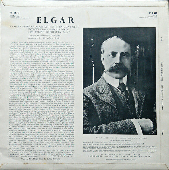 London Philharmonic Orchestra Conducted By Sir Adrian Boult - Elgar* : Enigma Variations And Introduction And Allegro For Strings (LP, Album, Mono, Club)