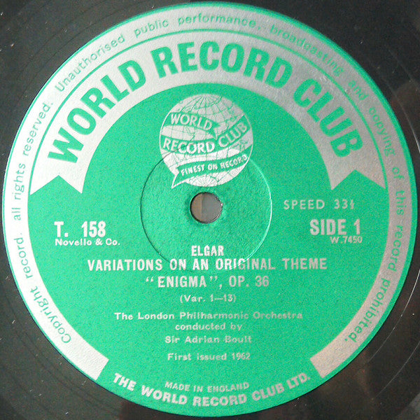 London Philharmonic Orchestra Conducted By Sir Adrian Boult - Elgar* : Enigma Variations And Introduction And Allegro For Strings (LP, Album, Mono, Club)