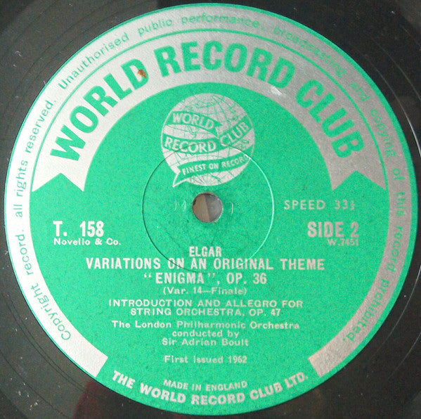 London Philharmonic Orchestra Conducted By Sir Adrian Boult - Elgar* : Enigma Variations And Introduction And Allegro For Strings (LP, Album, Mono, Club)